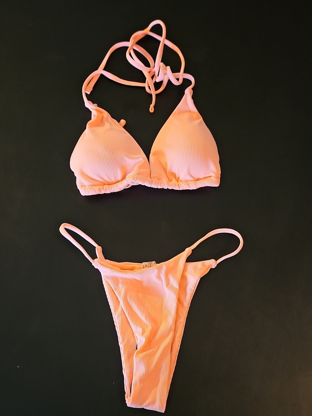 SHEIN Peach Ribbed Triangle Bikini Set
